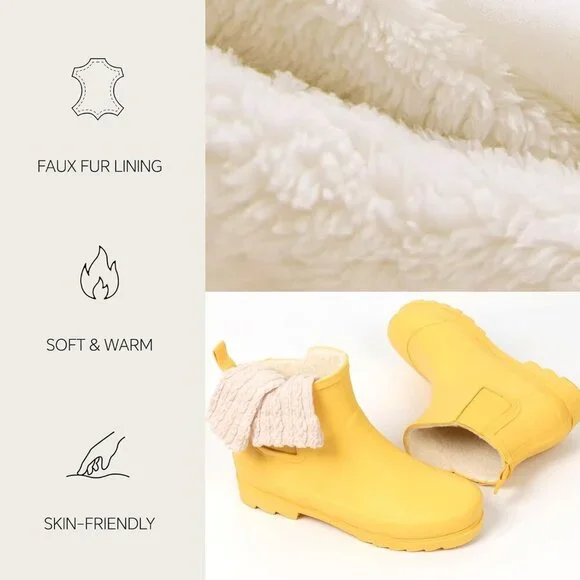 Women's Yellow Waterproof Rain Boots with Plush Lining Non-Slip Winter Boots - Picture 3 of 6